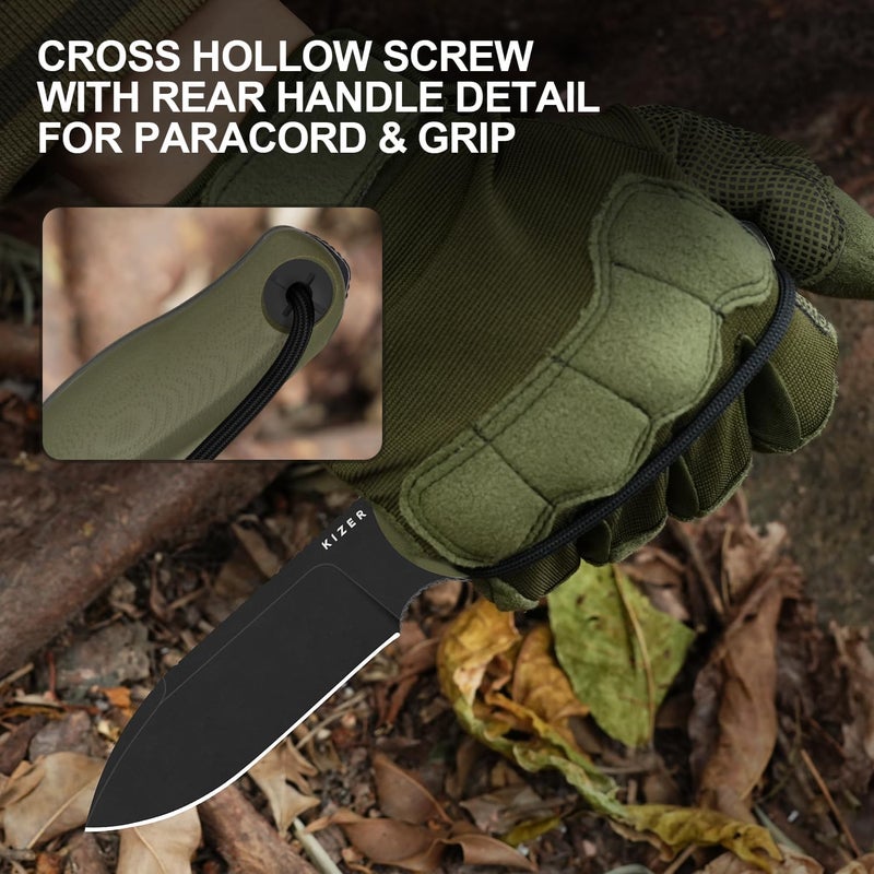 KIZER Drop Bear Fix 3 Fixed Blade Knife, 3.8" D2 Blade EDC Camping Knife with Olive Green G10 Handle, Small Hunting Knives with Sheath, Outdoor Survival Knives with Pocket Clip and Lanyard, 1101M1 - Image 5